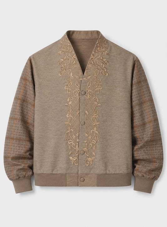 Brown jacket with intricate embroidery on a white background