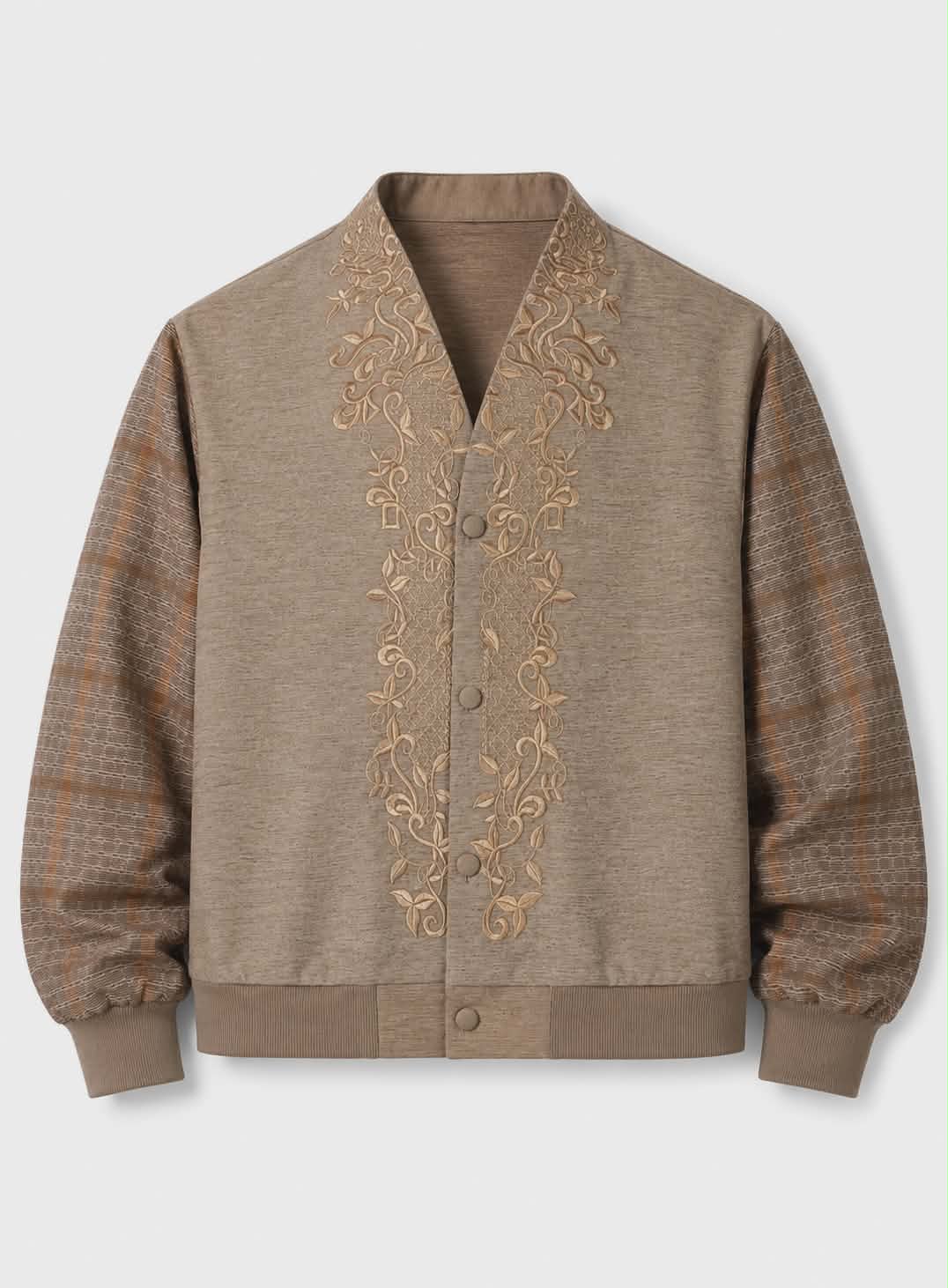 Brown jacket with intricate embroidery on a white background